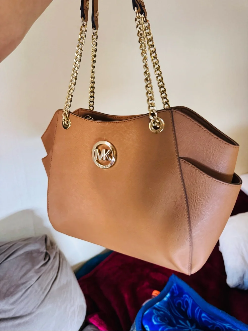 Michael Kors Cognac Saffiano Leather Tote with Gold Chain Straps
